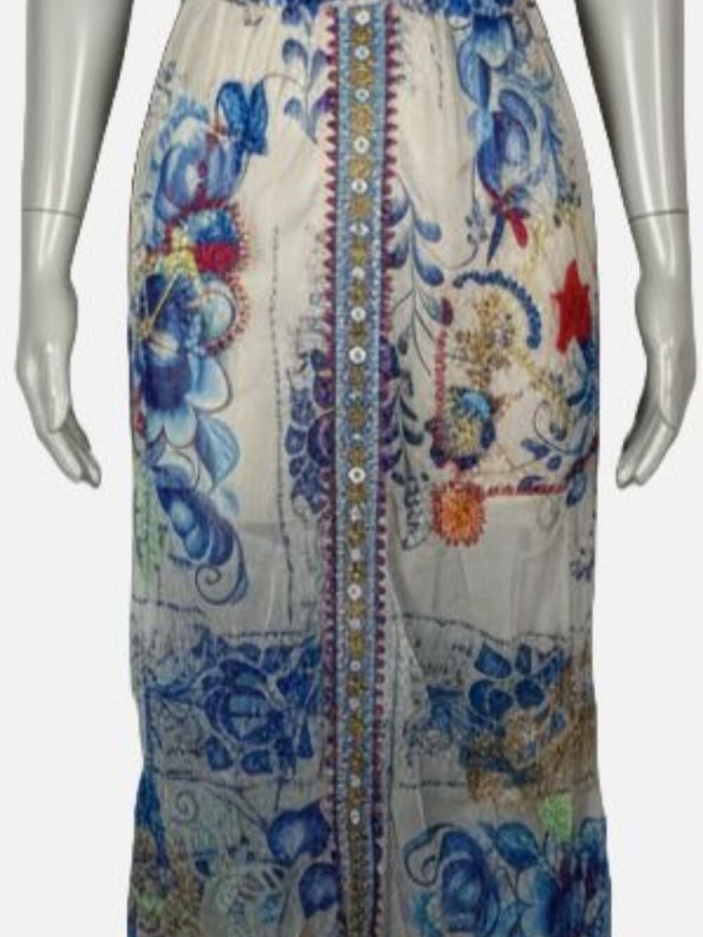Johnny Was Women's White Blue Sheer V Neck Mazzy Ruched MIDI Dress Size M